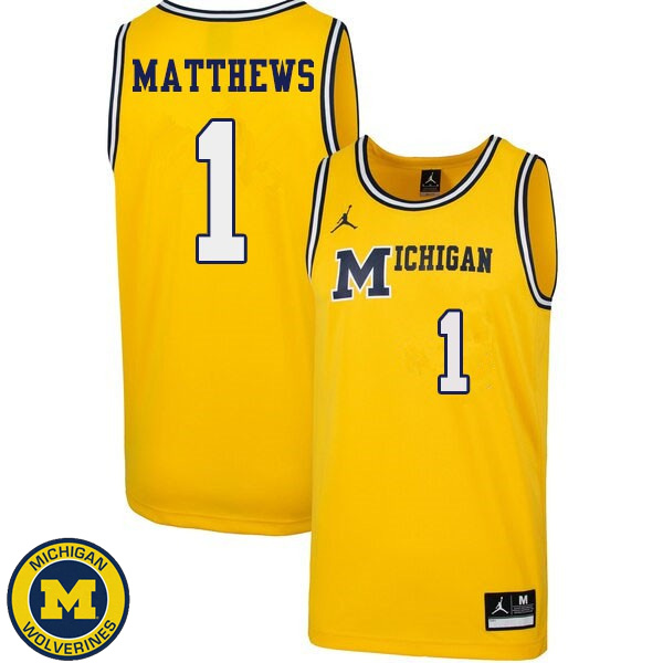 Mens University of Michigan #1 Charles Matthews Yellow 1989 Retro Basketball Jersey